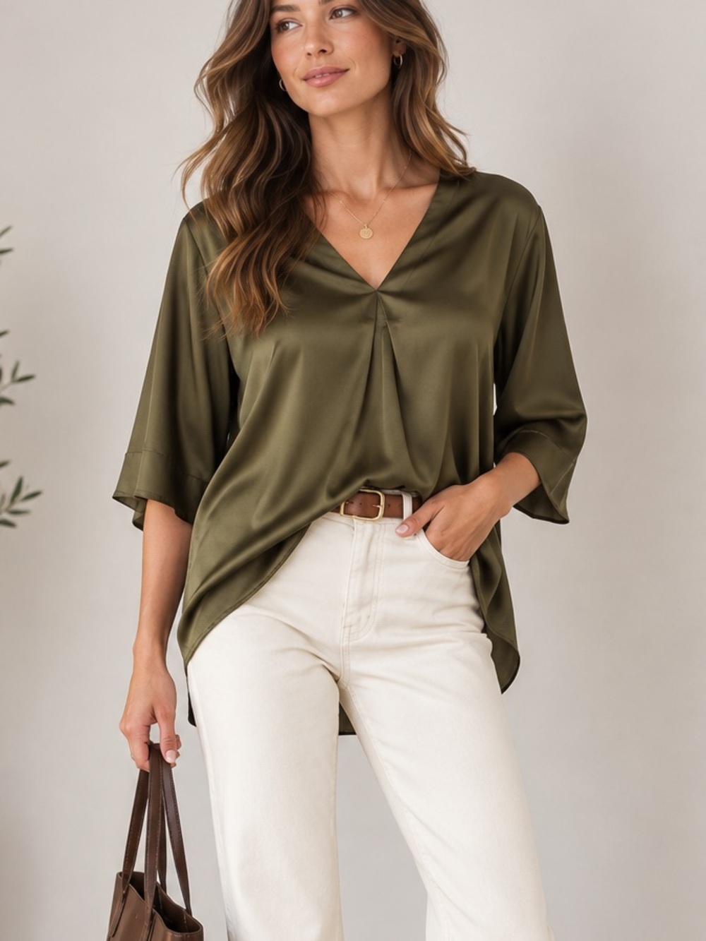 NWOT Banana Republic Olive Green Satin V-Neck Blouse Top | Size S